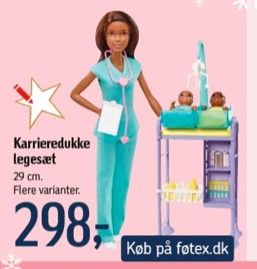 Barbie som læge, med 2 baby-dukker, set i føtex